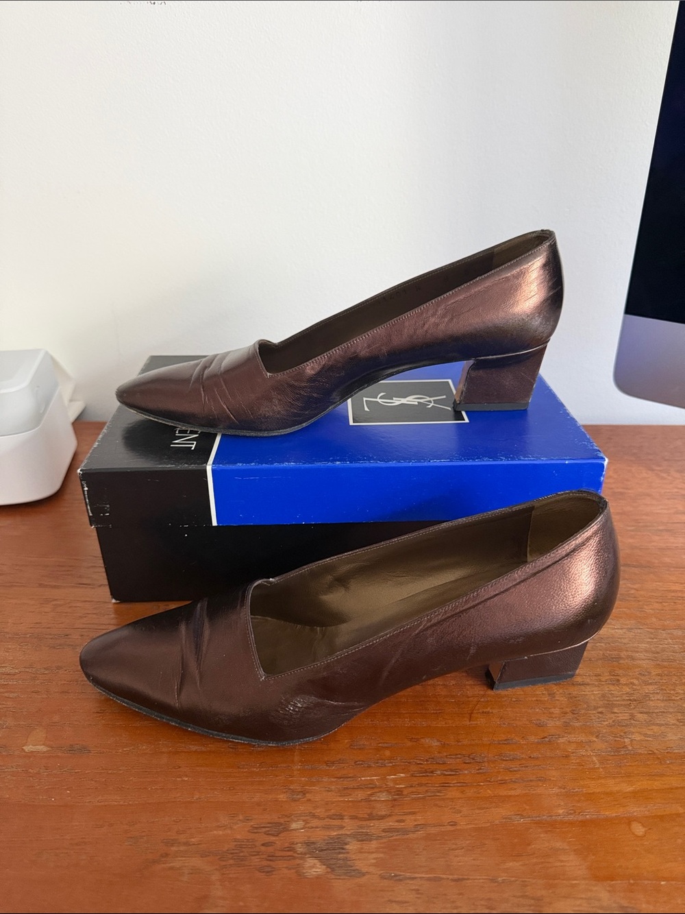 Yves Saint Laurent Metallic Brown Low Block Heel Pumps